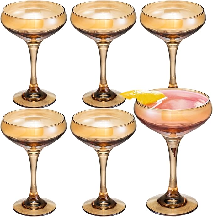 6 Pieces Crystal Martini Glasses Champagne Flute,Coupe Bowl Stemmed Cocktail Glasses,Set Of 6 Elegant Amber Goblets Colored Drinking Cups Champagne Wine Glasses for Parties Cocktail Margarita,Juice