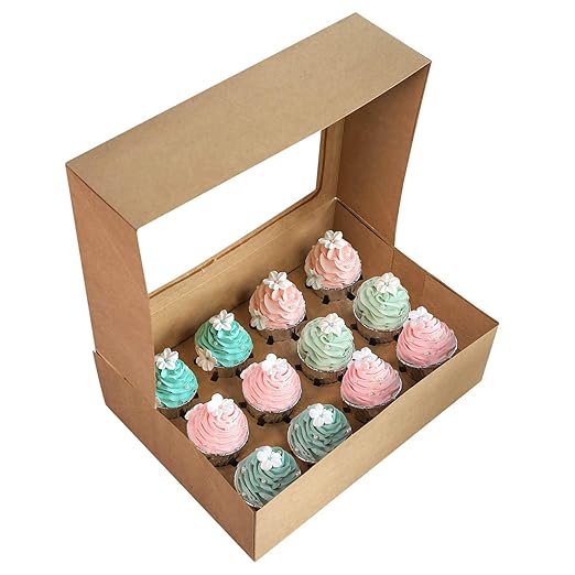 ONE MORE 15-Pack Brown Cupcake Boxes 12 Holders Cake Carrier Food Grade Kraft Pop-up Bakery Boxes 13.8 x 9.5 x 4inch with Inserts and PVC Windows Fits 12 Cavity Cupcake Pack of 15