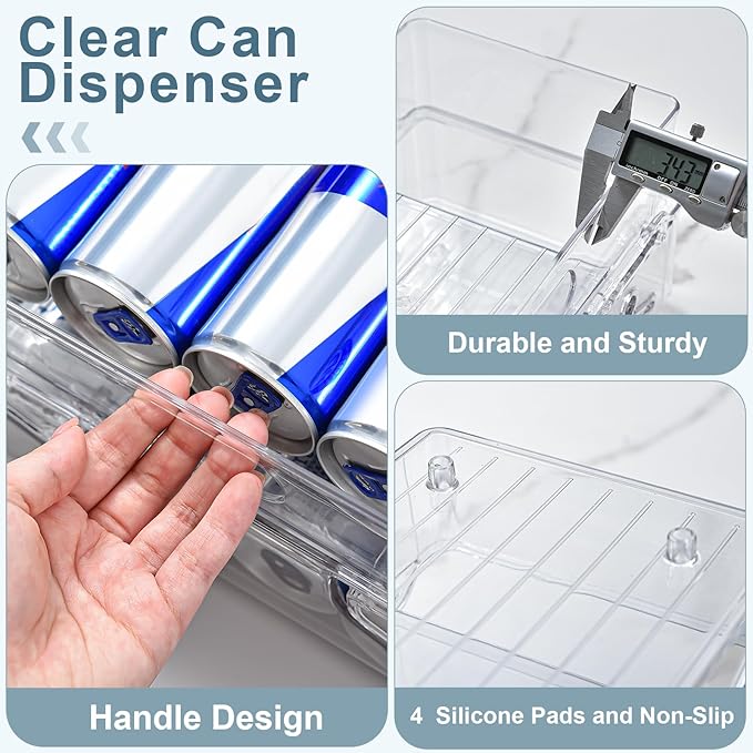 1PC Soda Can Organizer for Refrigerator & Pantry, Space Saving Auto-Rolling Stacking Can Dispenser Holds 12 Cans, Fits Skinny/Standard/Tall Cans, Clear Fridge Can Holder Storage for Kitchen, Office