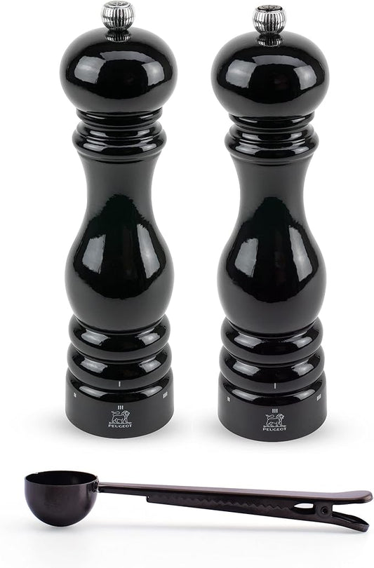 Peugeot Paris u'Select 6 Setting Manual Salt & Pepper Mill Set With Black Stainless Steel Spice Scoop Made In France (Black Lacquered, 9- Inch)
