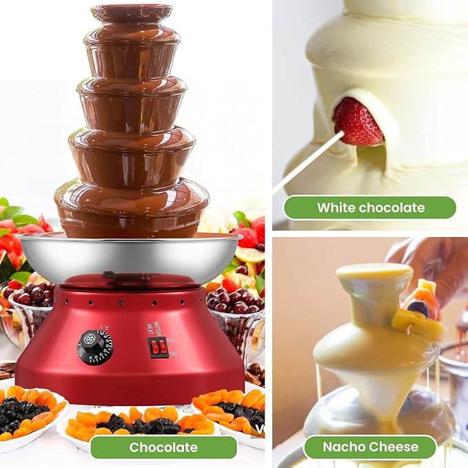 Chocolate Fondue Fountain 5 Tiers Digital Stainless Steel Electric Cheese Fountain Chocolate Dipping Warmer Chocolate Melting Heating Machine Hot Chocolate Fondue Tower (Red-5 Tiers)
