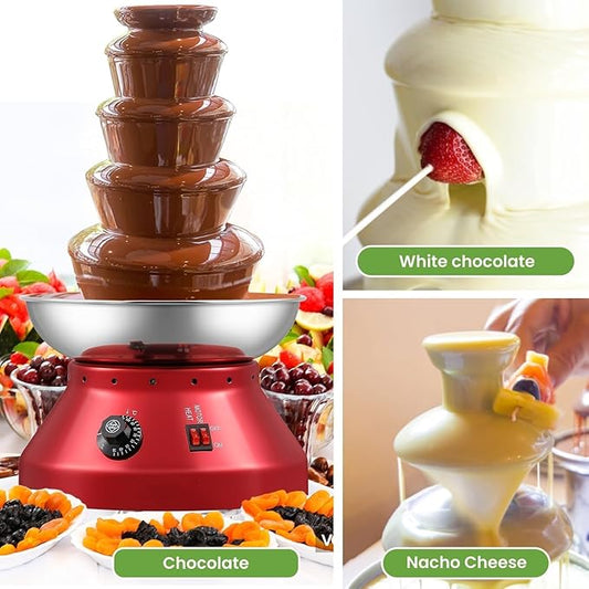 Chocolate Fondue Fountain 5 Tiers Digital Stainless Steel Electric Cheese Fountain Chocolate Dipping Warmer Chocolate Melting Heating Machine Hot Chocolate Fondue Tower (Red-5 Tiers)