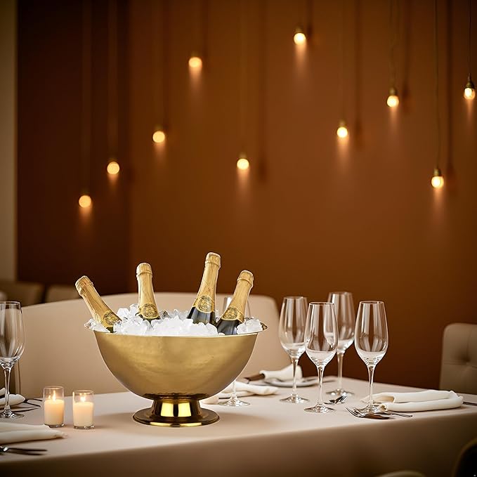 Cruiser’s Caché 16" Footed Champagne Bucket, Beverage Tub, Wine and Champagne Server, Stainless Steel with Gold Hammered Finish