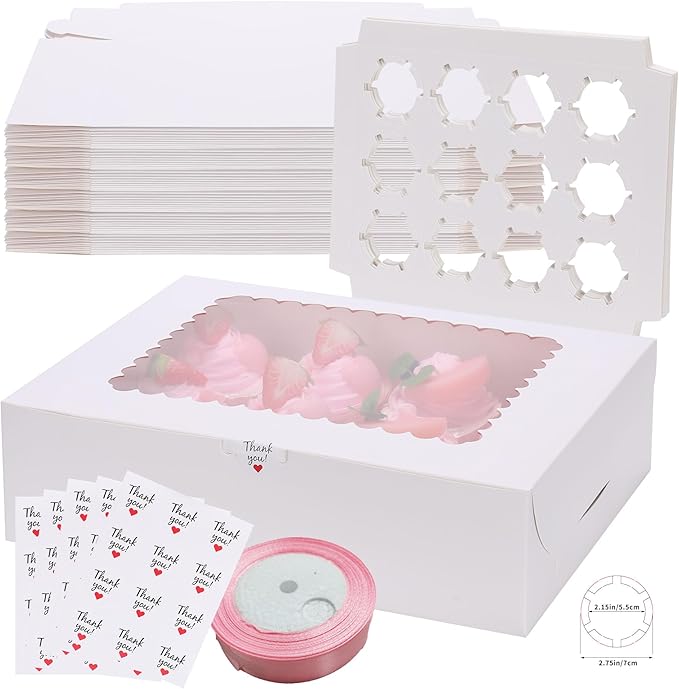 20Packs- 12 Count White Cupcake Containers Bakery Cake Boxes, Birthday, Wedding, Christmas party, Auto-Popup Cupcake Boxes for personalized gift giving , Cookies, Baking Gift Display, cake box