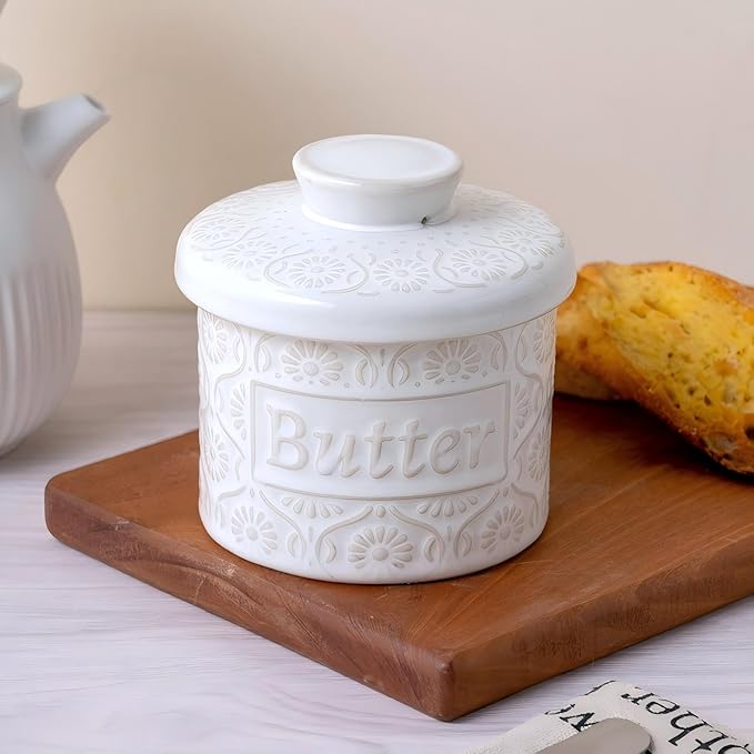 Ceramic Butter Crock with Lid, French Butter Dish with Water Line for Countertop, Butter Keeper for Spreadable Butter, Container Holder for Kitchen and Home Decor, 6.7 OZ, Vintage White