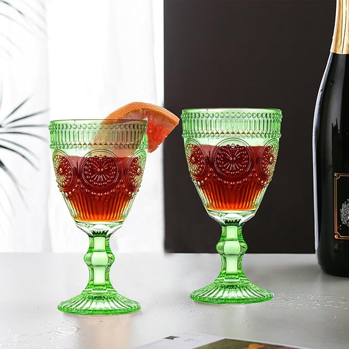 Green Vintage Wine Glasses Set of 6, 10 Ounces Colored Glass Water Goblets, Unique Floral Embossed Pattern High Clear Stemmed Glassware Wedding Party Bar Drinking Cups Fancy Glasses Hand Wash Only