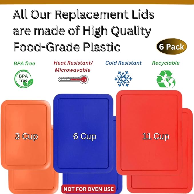 3, 6 & 11 Cup Orange, Blue, Red Replacement Lids/Covers for Pyrex, Anchor Hocking & KlareWare Storage Bowls *Lids Only Glass Container Not Included* (6 Pack *Two of Each Size*)