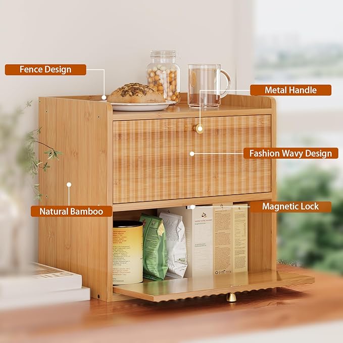 Rustic Bread Box for Kitchen Countertop Bamboo Bread Storage Container Bin Double Layer BreadBox Farmhouse Large Capacity Food Organizer (Natural Bamboo)