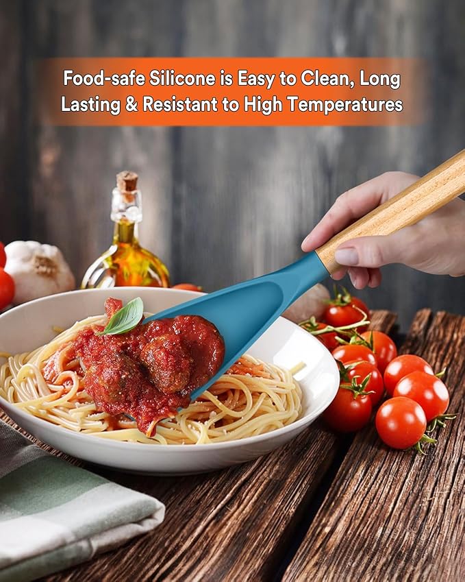 Multifunction Spatula Spoon for Nonstick Cookwares, Great for Cooking and Serving, Sturdy BPA-Free Matte Silicone, Wood Handle Spatula for Mixing, Scoop, and Scrape, Turquoise(2 pack,11.4" & 13.4")