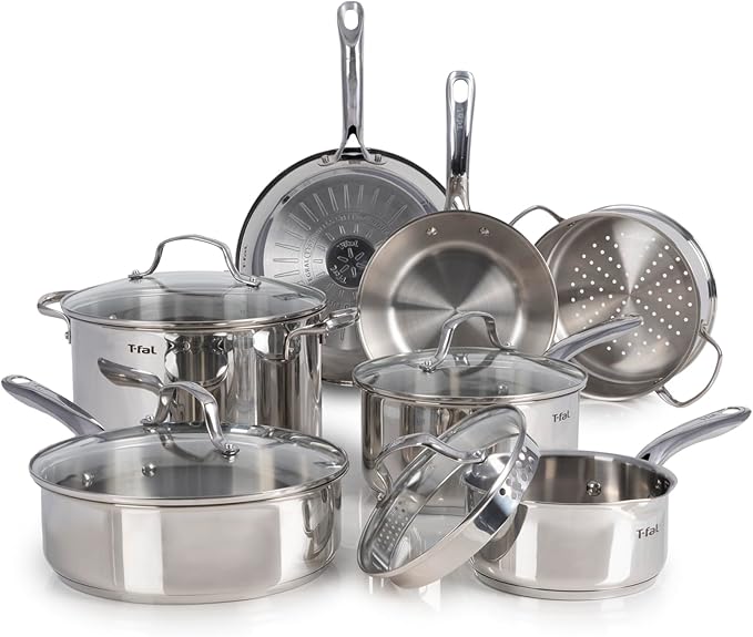 T-fal Stainless Steel Cookware Set, 11 Piece, Induction Cookware, Oven Safe to 500°F, Kitchen Cooking Set w/Fry Pans, Pots and Pans, Dutch Oven, Saucepans, Kitchen Essentials, Silver