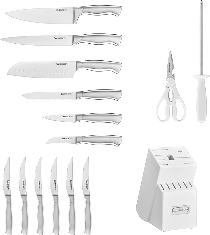 Cuisinart Professional Block Knife Set, 15pc Cutlery Knife Set with Steel Blades for Precise Cutting, Lightweight, Stainless Steel Durable & Dishwasher Safe, White