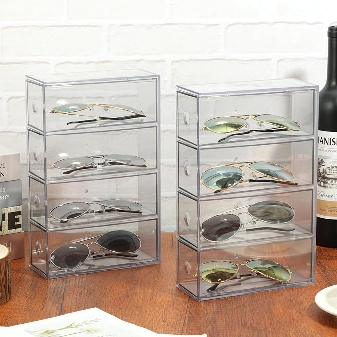 Rainmae 2 Pieces Acrylic Sunglass Organizer, Clear Eyeglasses Case with 4 Drawers for Women Stackable Eyewear Storage Display Case Clear Eyeglass Holder Multiple Pair for Glasses Jewelry Watch Storage