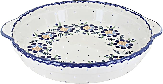 Blue Rose Polish Pottery - Yellow Sunflower Pie Plate with Handles - 9.75" Diameter - Ceramic Baking Dish, For Pies, Quiches & Desserts