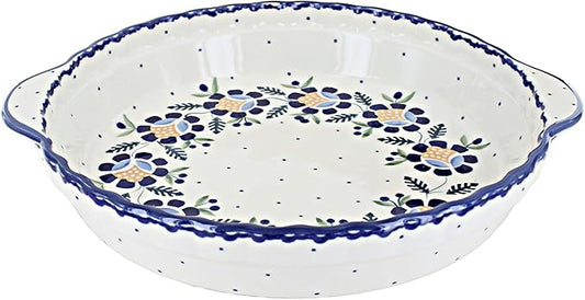 Blue Rose Polish Pottery - Yellow Sunflower Pie Plate with Handles - 9.75" Diameter - Ceramic Baking Dish, For Pies, Quiches & Desserts