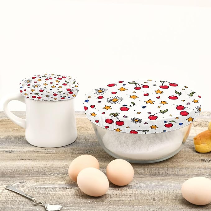 5 Pcs Bowl Covers Reusable in 5 Size Elastic Food Cover Cloth Lids Fresh Keeping Dish Cookware Bakeware Fabric Covers Lids for Food Leftovers Fruits Storage Cherry Stars Flower