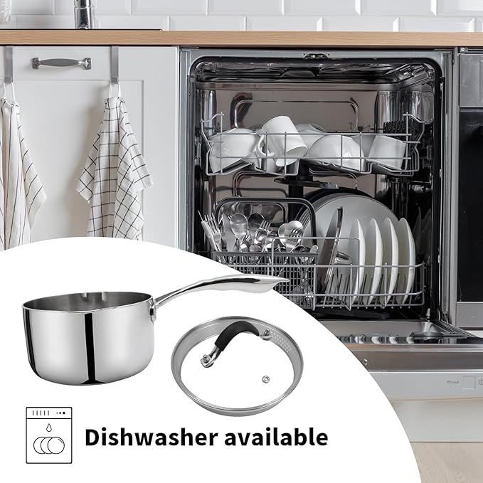 Woogim Thickened Stainless Steel Saucepan Milk Pot Glass Lid Included,Ergonomic Curved Handle with Strainer Holes and Pour Spout,2 Quart Sauce Pan,Suitable for Various Cooking Needs