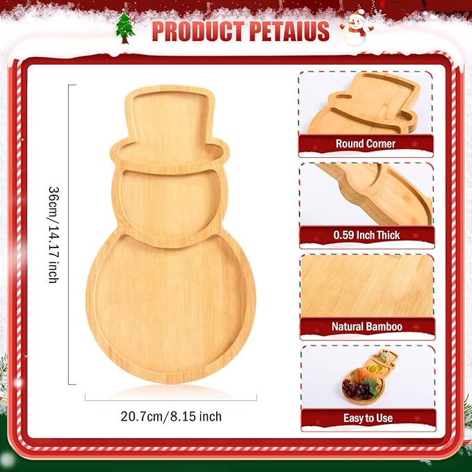 AWIZOM Snowman Wooden Serving Tray Christmas Bamboo Platter Winter Snowman Shape Charcuterie Board Decorative Wood Snack Dish Plate for Xmas Holiday Housewarming Present,14.17x8.15x0.59 Inch