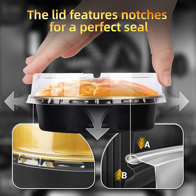 Beasea Disposable Creme Brulee Ramekins with Lids, 120 Pack 4 Inch 8oz Mini Pie Tins Black Gold Mini Small Aluminum Foil Pie Tart Cake Baking Pans Individual Round Containers Oven Safe for Baking