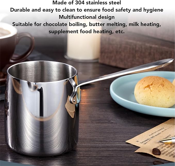 Milk Warmer Pot, 30oz/900ml Stainless Steel Turkish Coffee Pot Stovetop Chocolate Butter Melting Pan with Spout and Long Handle