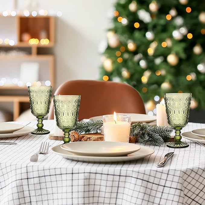 Eaasty Wine Glasses Set of 6 Vintage Goblet 9 oz Vintage Colored Glass Goblet Beverage Stemmed Glass Cups Romantic Embossed Glassware for Wedding Party Holidays Anniversary (Green)