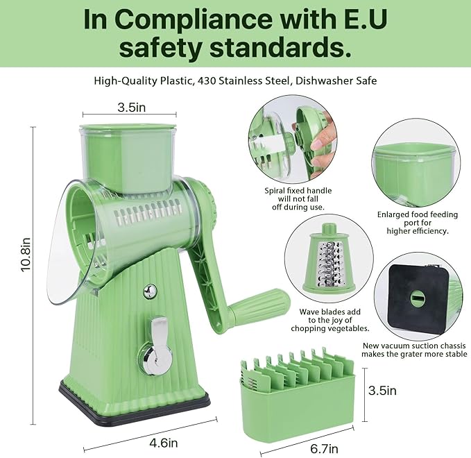 Rotary Cheese Grater with 5 Blades, Large Food Tube, Safety Food Pusher, Strong Suction Base, Mint Green