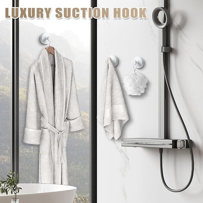 Suction Cup Hooks for Shower No-Drill Bathroom Hooks for Towels, Robes, Loofah Mountable on Bathroom Walls, Kitchen, Glass, Mirrors, Tile and Smooth,Non-Porous Surfaces (4, White)