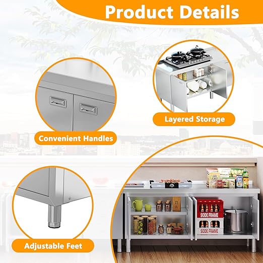 WWK 59" x 21" Stainless Steel Prep Table with Cabinet, Commercial Kitchen Table for Prep & Work, Heavy Duty Work Table with 4 Doors for Kitchen, Restaurant, Hotel, Garage and Cafe