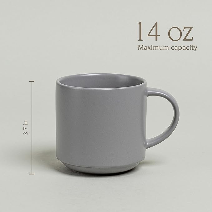 over&back Stackable Stoneware Coffee Mugs - 4-Piece Mug Set - Enjoy the Perfect Cup of Coffee, Tea, Latte, and More - Semi-Matte Charcoal - 14oz