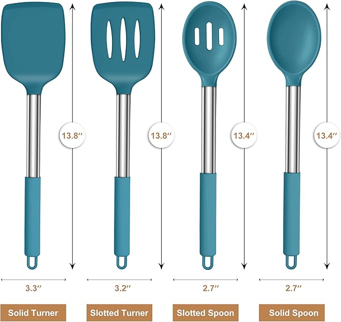 LIANYU Silicone Kitchen Cooking Utensils Set, 6Pcs Heat Resistant Kitchen Tools Spatula for Nonstick Cookware, Slotted Turner, Spoon, Soup Ladle, Pasta Server, Skimmer, Tongs, Blue