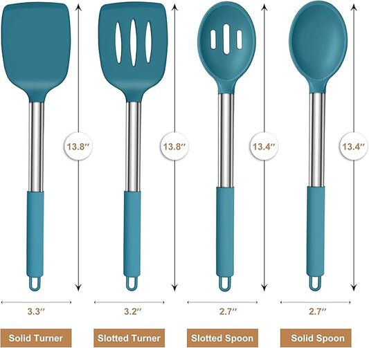 LIANYU Silicone Kitchen Cooking Utensils Set, 6Pcs Heat Resistant Kitchen Tools Spatula for Nonstick Cookware, Slotted Turner, Spoon, Soup Ladle, Pasta Server, Skimmer, Tongs, Blue
