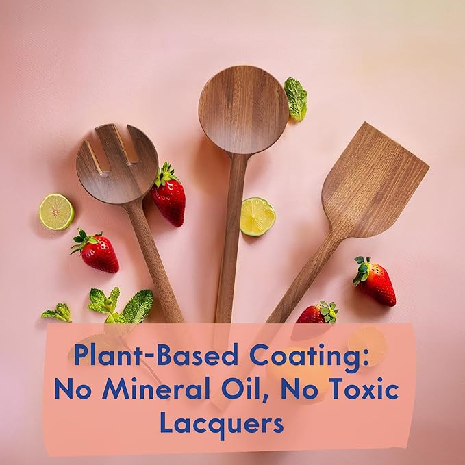 Non-Toxic Cooking Utensils – 6-Piece Kitchen Utensils Set, Glue-Free & One-Piece Wooden Spoons for Cooking, Natural Wooden Utensil Set with Plant-Based Finish, Free of Forever Chemicals