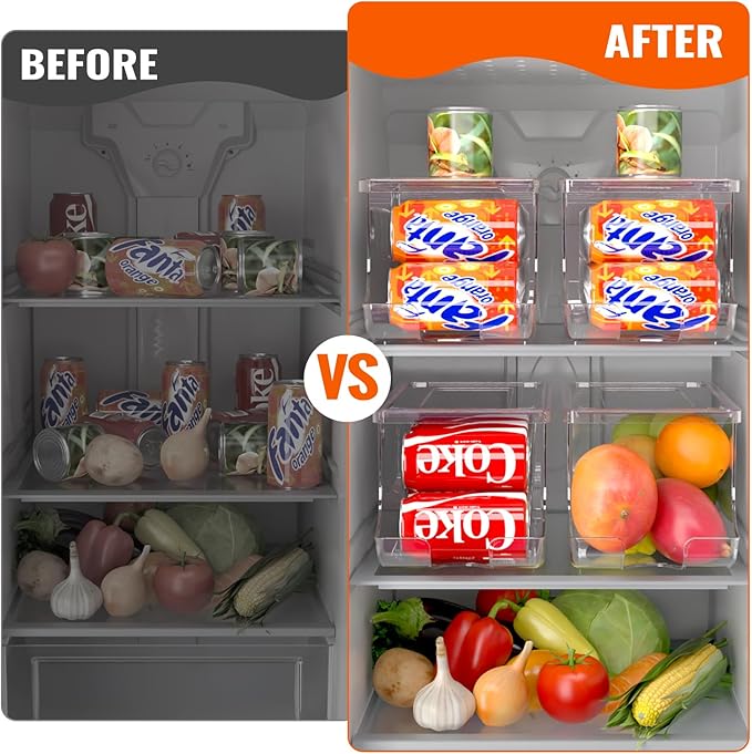 Soda Can Organizer for Refrigerator, Stackable Canned Food Pop Cans Container Can Holder Dispenser with Lid for Fridge Rack Freezer, Clear Storage Bins-Holds 12 Cans Each (One)