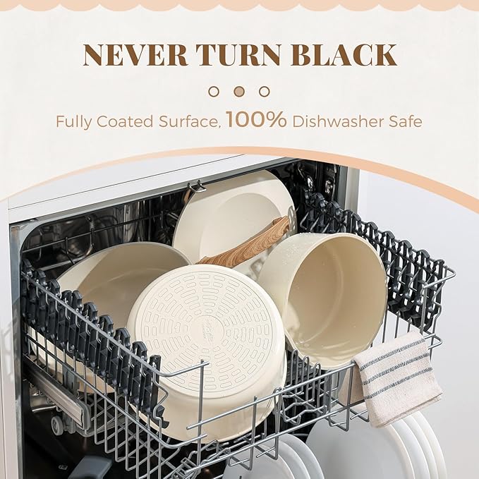 PRICUSIS Ceramic Pots and Pans Set with Detachable Handle, Non-toxic Nonstick 8pcs Cookware Set with Die-cast Lids, Dishwasher & Oven Safe, PTFE PFOA PFAS Free, Perfect for College Dorm, Cream White