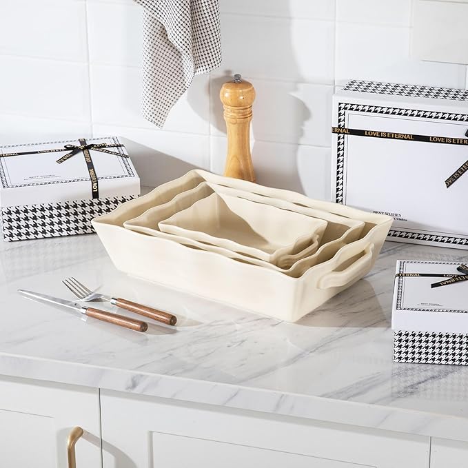 Sweejar Casserole Dishes for Oven, Ceramic Bakeware Set of 3, Rectangular Baking dish with Handles, Wave Edge Lasagna Pan Deep for Cooking, Cake, Dinner, Banquet and Daily Use (Beige)