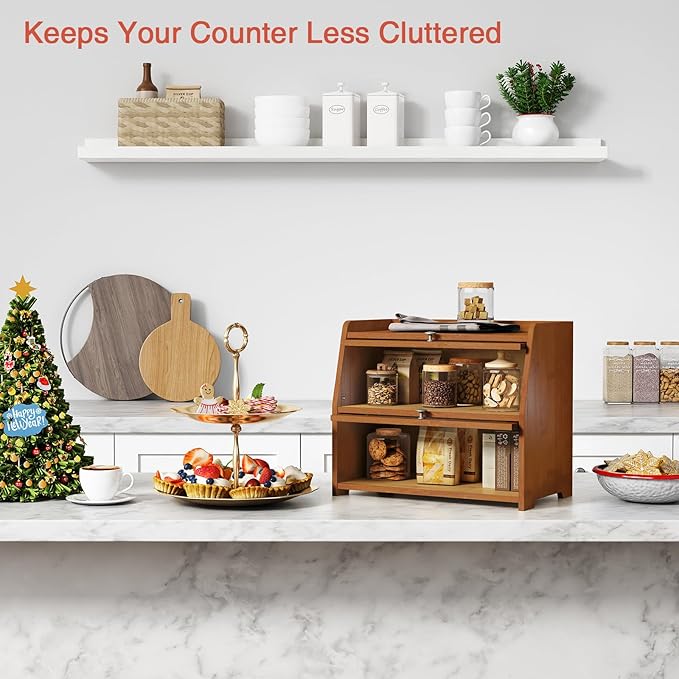 Walnut Brown Roll Top Bread Box for Kitchen Countertop, 2 Tier Large Bread Storage Container for Homemade Bread, 2 Door Wooden Breadbox Holder Keeper for Sourdough Loaf Storage (Bamboo Wood)