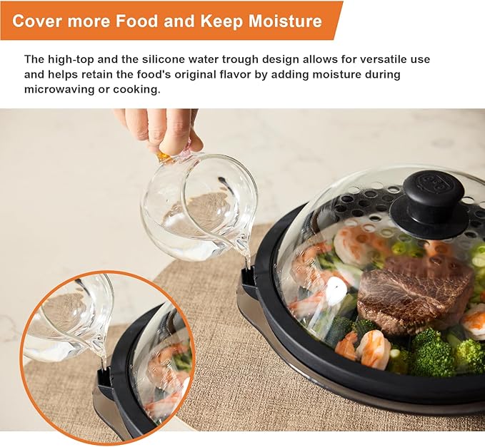 OEC Lightweight Tempered Glass Lid with Water Inlet – Food Splatter Cover, Food-Grade & BPA-Free, Fits Most Plates and Bowls (11")