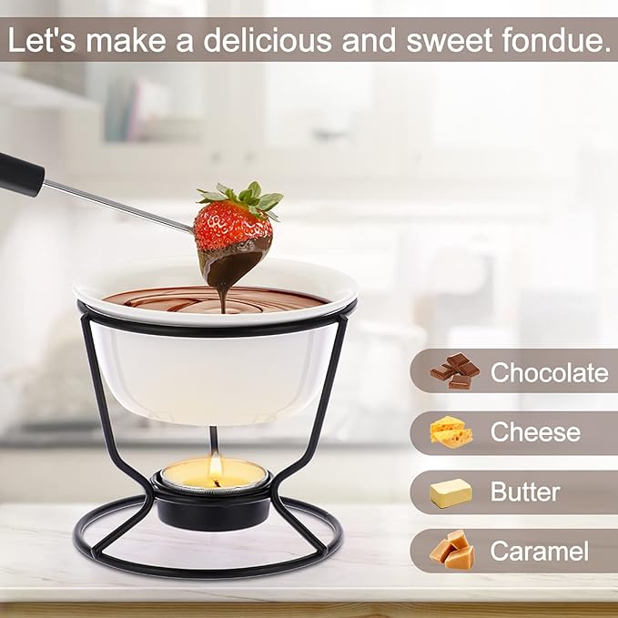 Ceramic Butter Warmer Set, Fondue Pot Melting Pot Set, Melt Hot Pot Round Bowl Set For Cheese Chocolate Butter Caramel, with 2 Dipping Forks