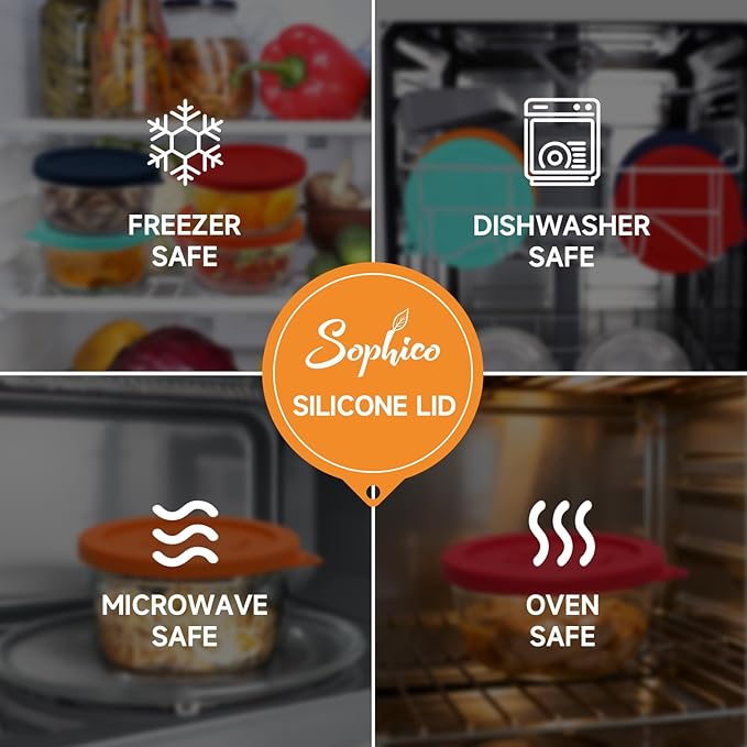 Sophico 4 Cup Round Silicone Storage Cover Lids Replacement for Anchor Hocking and Pyrex 7201-PC Glass Bowls (Container not Included) (Red-Orange) 4 Pack