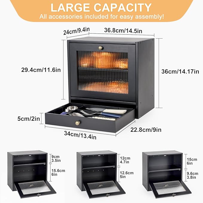 Sunhoo Bread Box for Kitchen Countertop Bin 2 Layer Wooden Bread Storage Breadbox Holder Large Capacity Container Bread Organizer Farmhouse Keeper Shelf with Drawer Acrylic Window (Black