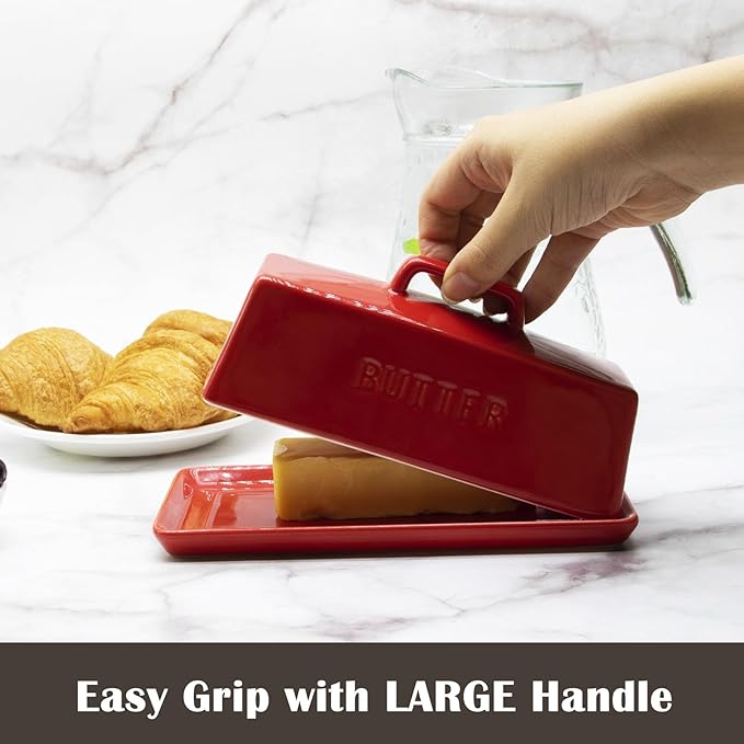 Ceramic Butter Dish With Lid for Countertop, Covered Butter Container, Large Butter Holder With Lid, Butter Tray With Handle Red