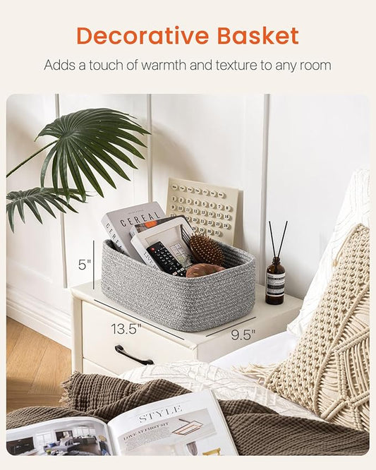 Small Woven Basket, 13.5 x 9.5 x 5 Inches, Storage Basket for Organizing, Cute Small Rope Shelf Closet Cube Storage Bins Baskets for Shelves, Dog Toy Gift Baskets Empty, 3 Packs, Mixed Grey