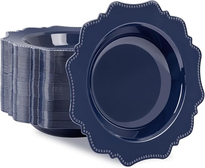 COLOSUS Navy Blue Plastic Party Bowls (60 Pack) 12 Oz Disposable Soup/Salad Bowl, Fancy Shatterproof Dinnerware for Catering, Holidays, Weddings, and Everyday Use
