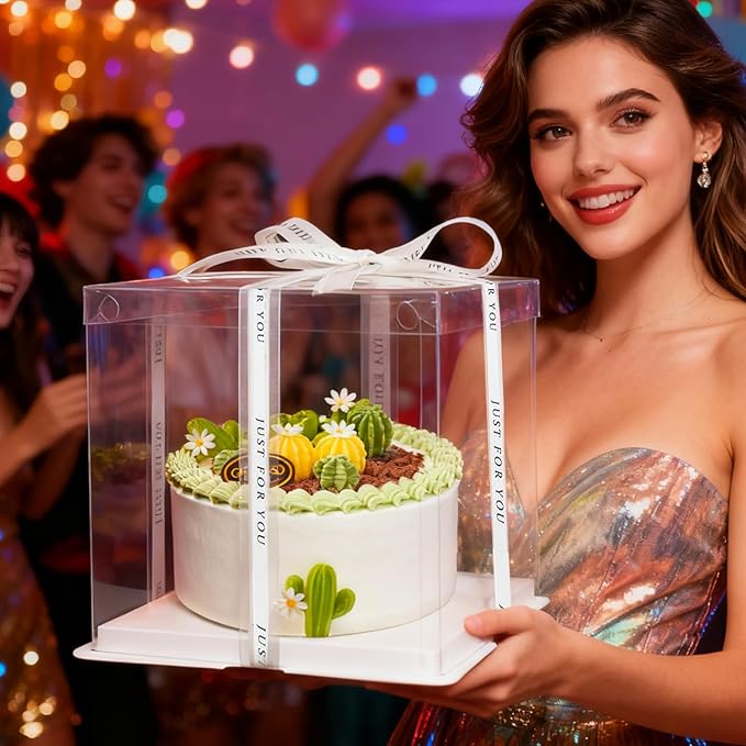8 Pcs Clear Cake Box with Ribbon 2-Layer 10x10x9 Inch.PET Cake Carrier Transport Container for Tiered Cakes, Transparent Gift Display Boxes with Lid for Halloween.(Clear, 10*10*9inch/8pcs)
