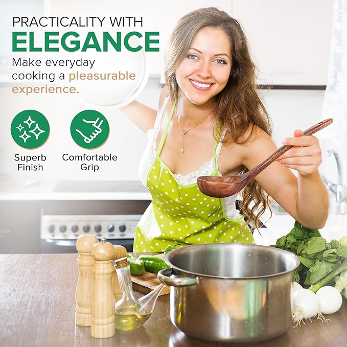 Wooden Spoons for Cooking,2 Pcs Wooden Utensil Set of Soup Ladle &Spaghetti Pasta Spoon with Teeth, Teak Wood Soup Ladle&Slotted Pasta Fork Strainer Spoon Set for Serving Collecting Noodle Gravy Sauce