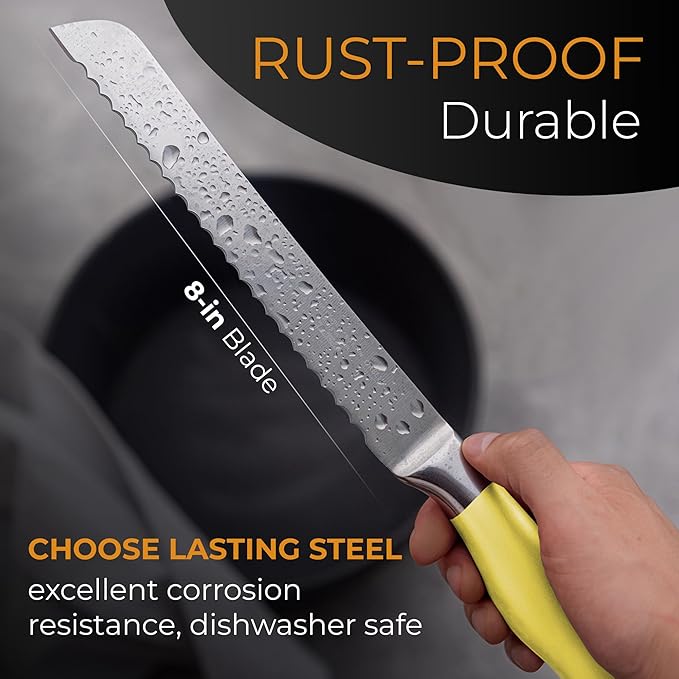 Orblue Serrated Bread Knife Ultra-Sharp Stainless Steel Professional Grade Bread Cutter - Cuts Thick Loaves Effortlessly - (8-Inch Blade with 5-Inch Handle), Yellow