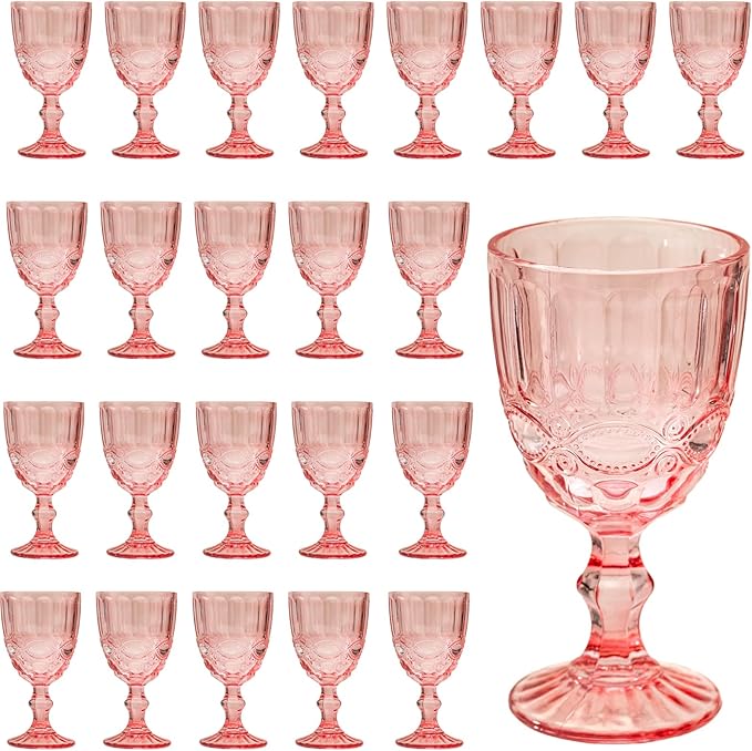 24 Pcs Vintage Wine Glasses, 10 Ounces Colored Glass Water Goblets, Unique Embossed Pattern High Clear Stemmed Glassware Wedding Party Bar Glass Drinking Cups, Floral Pink Glasses Set of 24