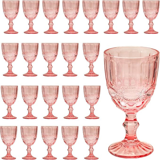 24 Pcs Vintage Wine Glasses, 10 Ounces Colored Glass Water Goblets, Unique Embossed Pattern High Clear Stemmed Glassware Wedding Party Bar Glass Drinking Cups, Floral Pink Glasses Set of 24