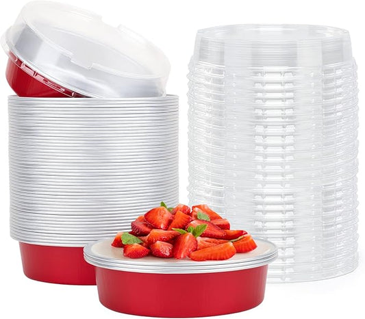Beasea Disposable Mini Pie Tins with Lids, 50 Pack 4” 8oz Bright Red Aluminum Baking Foil Tins Small Round Tart Container for Individual Dessert Cupcake Muffin Cheesecake Ramekin Quiche Oven Dishes