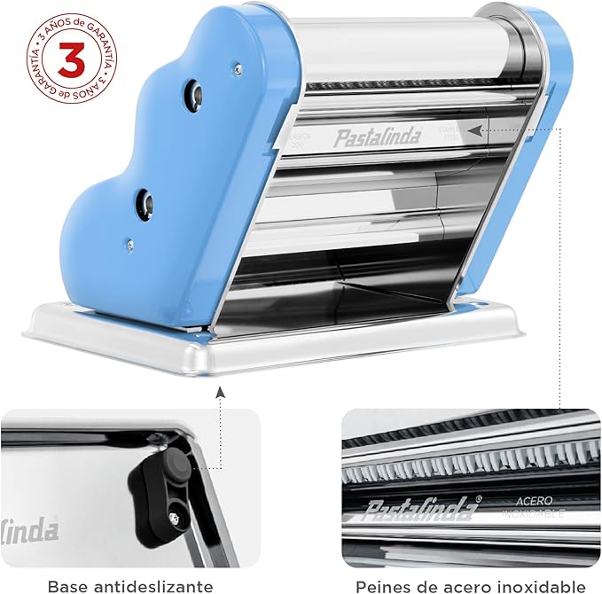 PASTALINDA Classic 200 Pasta Maker Machine, 20 cm Wide Rollers, 9 Thickness Positions, 2 Cutting Positions, Stainless Steel. Includes Reinforced Hand Crank And Two Clamps