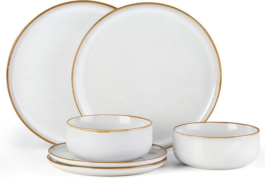 E-far Plates and Bowls Set for 2, 6-Piece Stoneware Dinnerware Sets, Ceramic Dinning Ware Reactive Glaze Dishes Set, Microwave & Dishwasher Safe - Seashell White